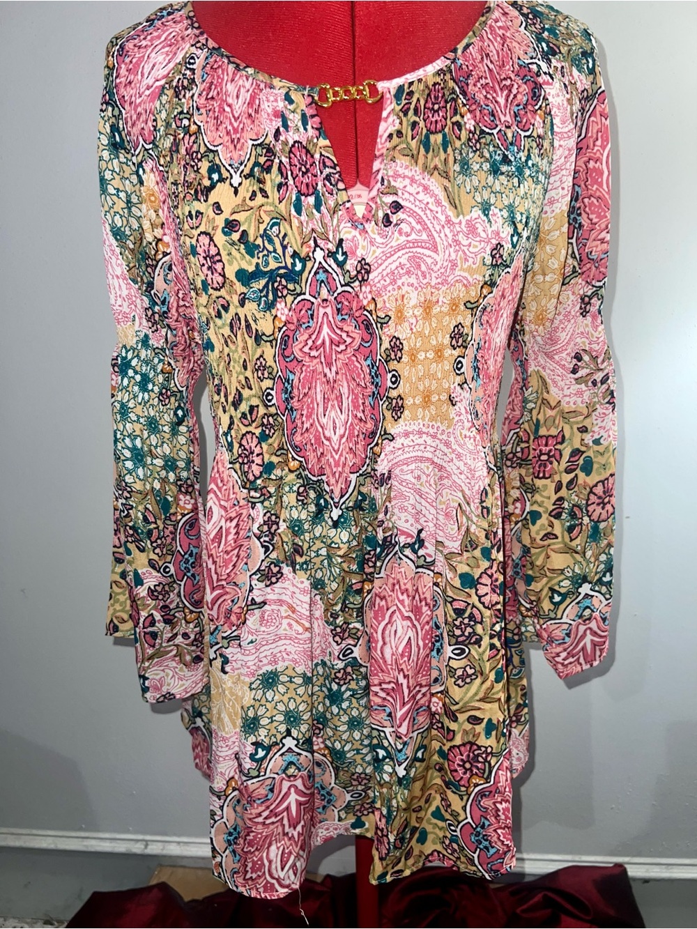 Spense Pink Paisley & Gold-Accent Long Sleeve Tunic Boho Cottage size XL